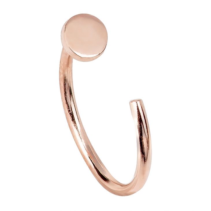 14K rose gold nail nose ring hoop, front view with round flat disc and open spiral hoop style