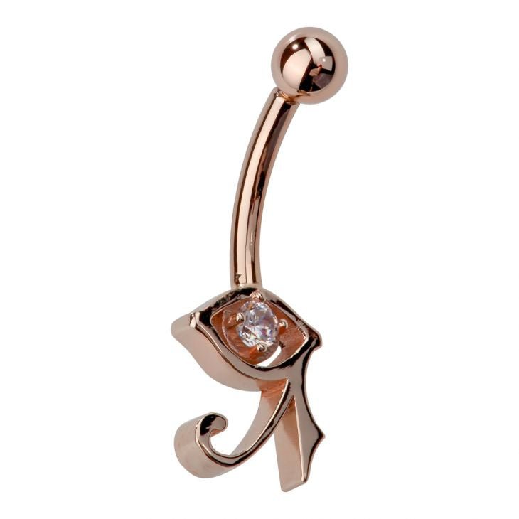 Side profile of 14k rose gold Eye of Horus navel ring highlighting CZ setting and Egyptian symbol charm