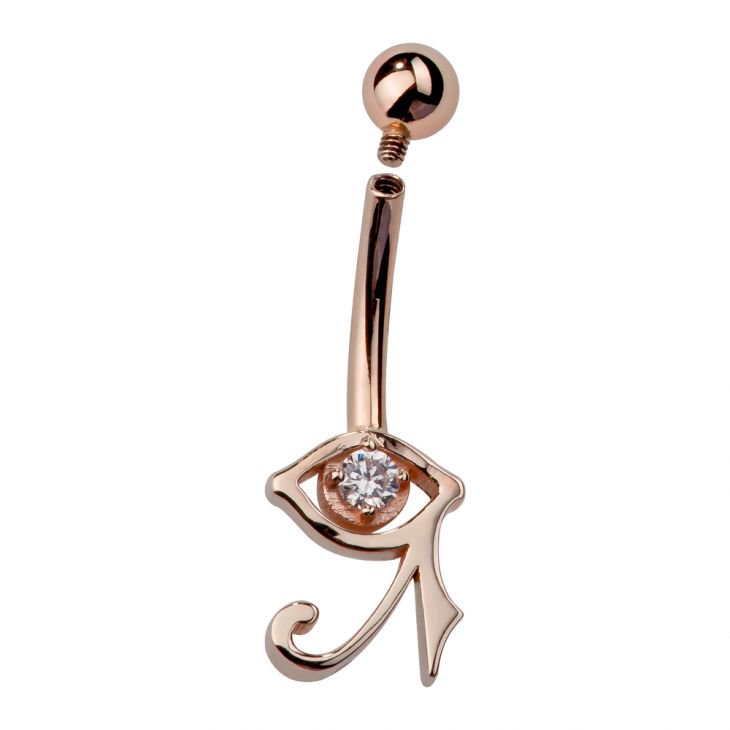 14k rose gold Eye of Horus belly ring showing internally threaded barbell connection detail, angled view