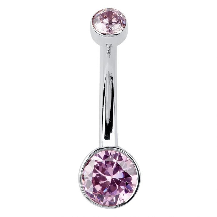 14K white gold navel ring with dual bezel-set pink cubic zirconia, straight-on front view