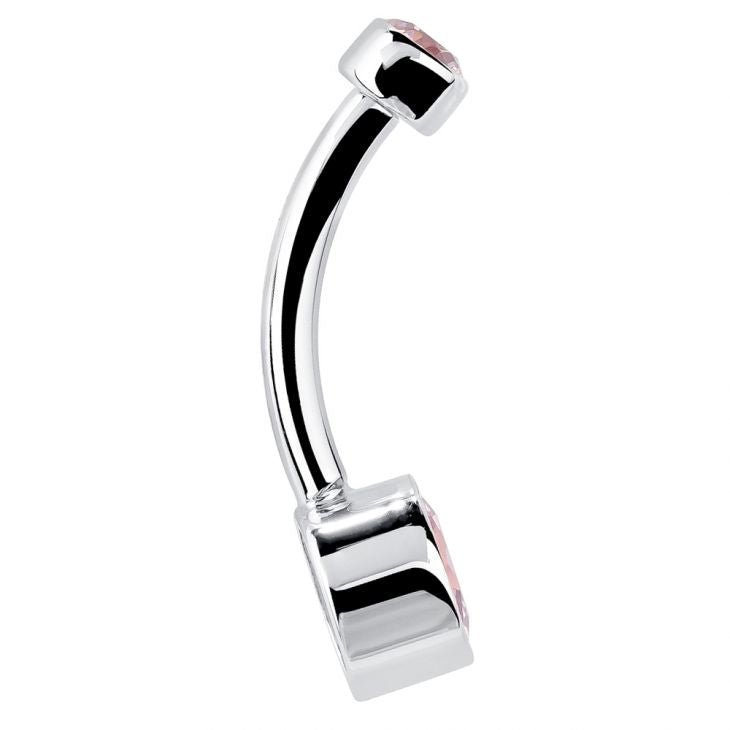 Reverse profile of 14K white gold belly ring showing smooth curved barbell and bezel backing