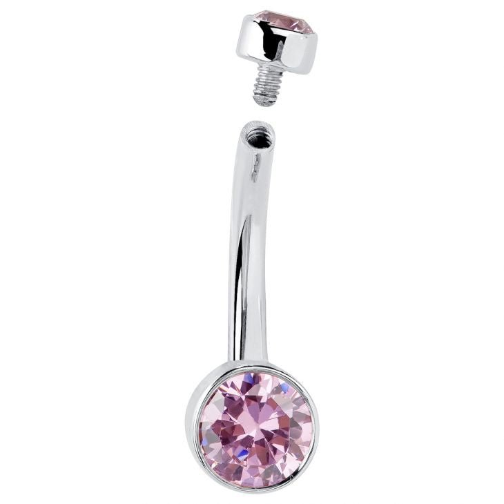 14K white gold belly ring with pink CZ, internally threaded top separated to show internal thread