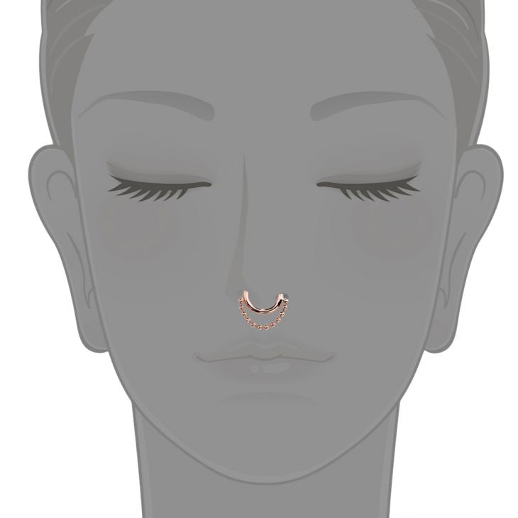 Rose gold beaded chain clicker ring illustrated as septum piercing, placement reference