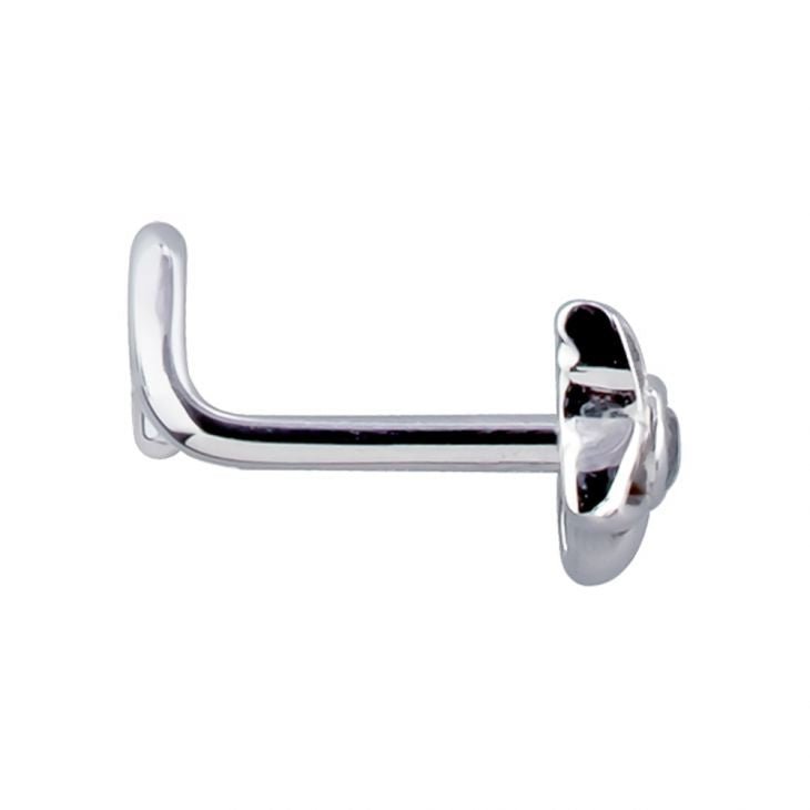 Side profile of 14K white gold petal star CZ nose ring showing L-shaped straight post