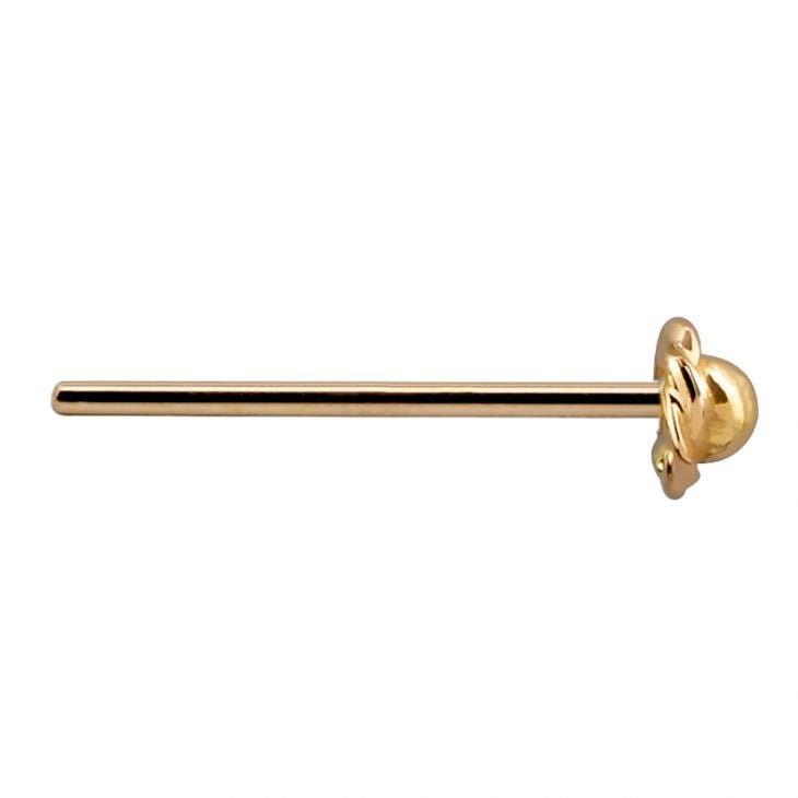 14K yellow gold rose bud nose stud straight post pin, horizontal side profile showing full post length