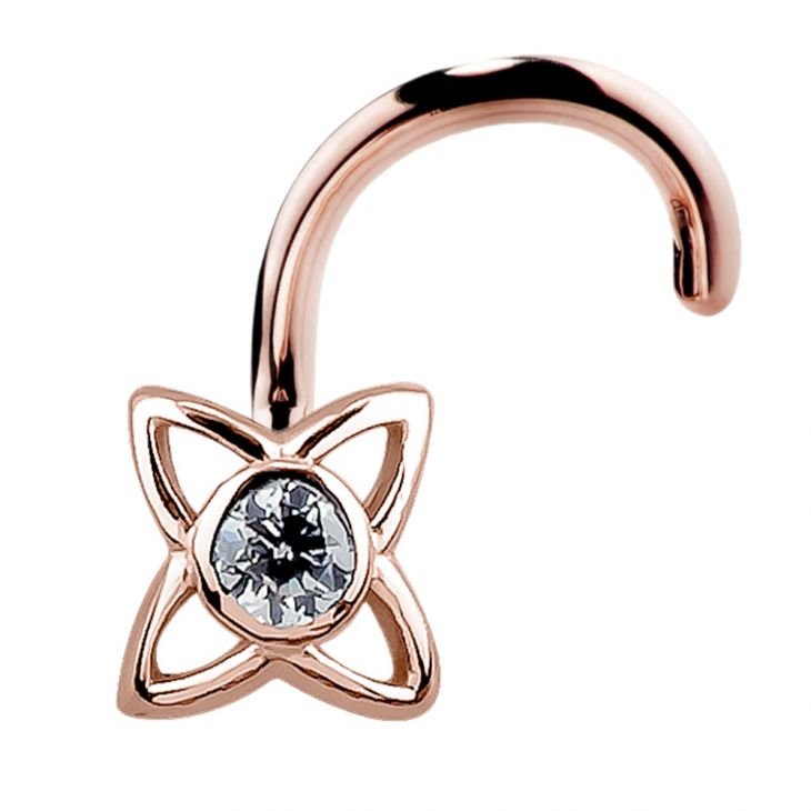 14K rose gold open petal star CZ nose screw, front-facing view showing full twist post curl