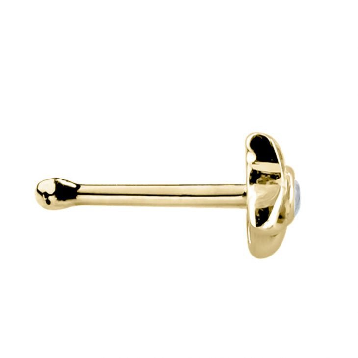 Side profile of 14K yellow gold star CZ nose bone showing straight post with ball end