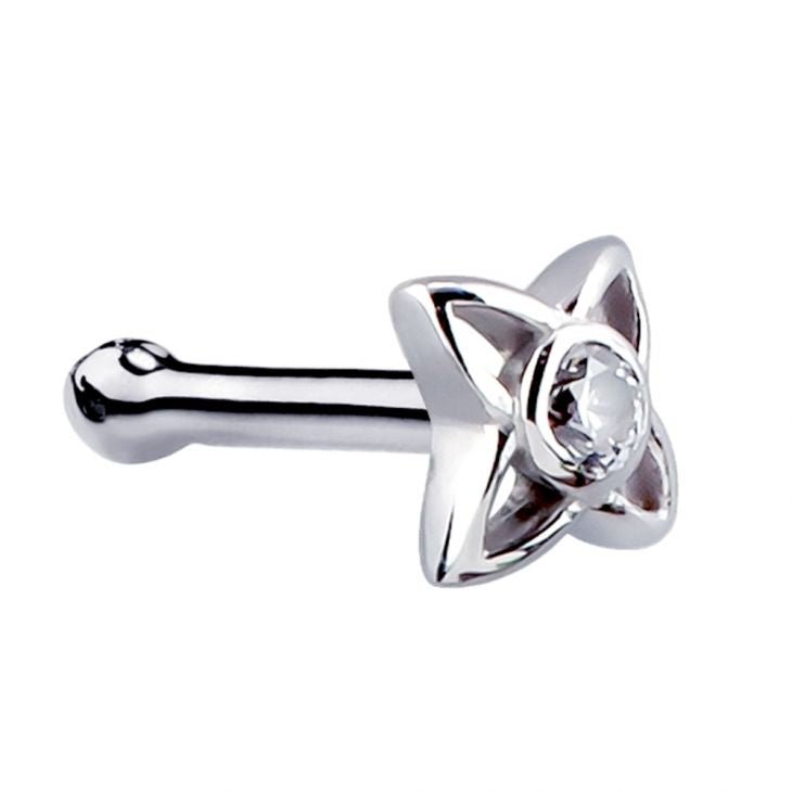 14K white gold star CZ nose bone stud with ball-end post, angled side view