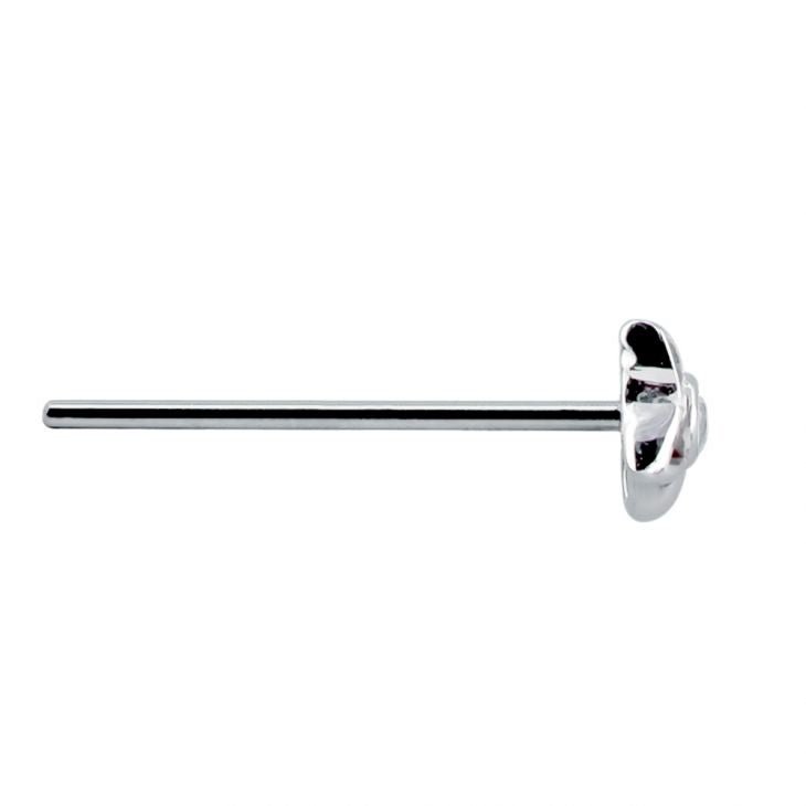 Side profile of 14K white gold petal star CZ nose stud showing long straight pin post