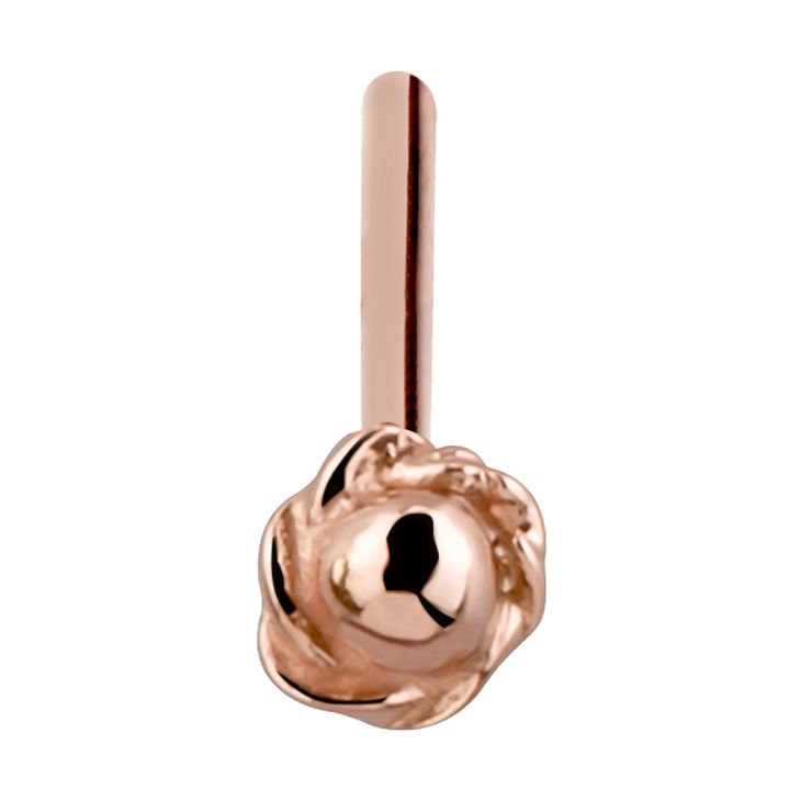 14K rose gold rose bud nose stud, straight post pin style shown vertically with flower charm facing forward