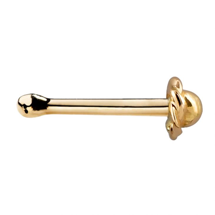 14K yellow gold rose bud nose bone, straight horizontal side profile highlighting full post length