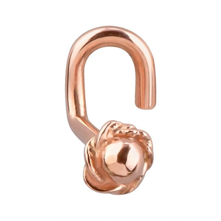 14K rose gold rose bud nose ring with twist style post, angled front view showing petal detail