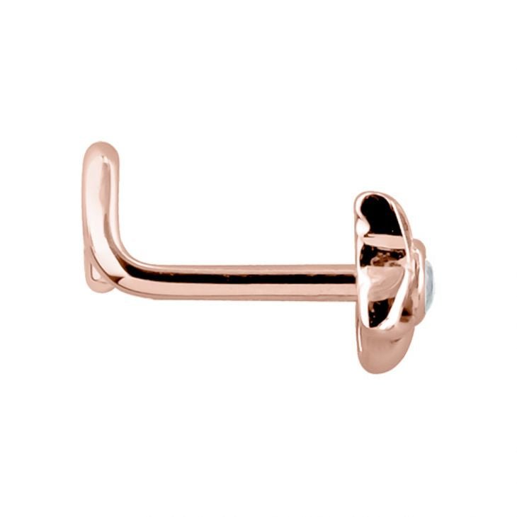 Side profile of 14K rose gold petal star CZ nose ring showing L-shaped straight post