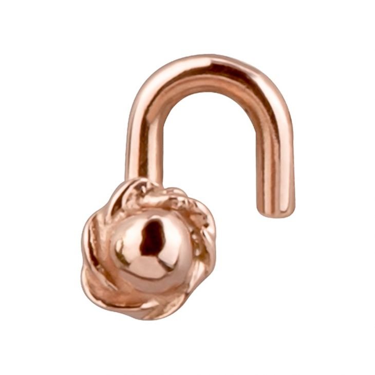 14K rose gold rose bud nose ring, twist post style from slightly elevated angle showing petal detail