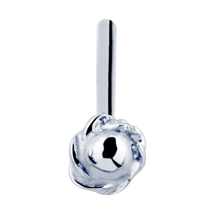 14K white gold rose bud nose stud, straight post pin style shown vertically with flower charm facing forward