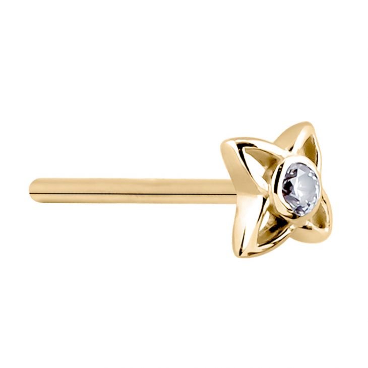 14K yellow gold star CZ nose stud on straight pin post, angled view showing solid petal top