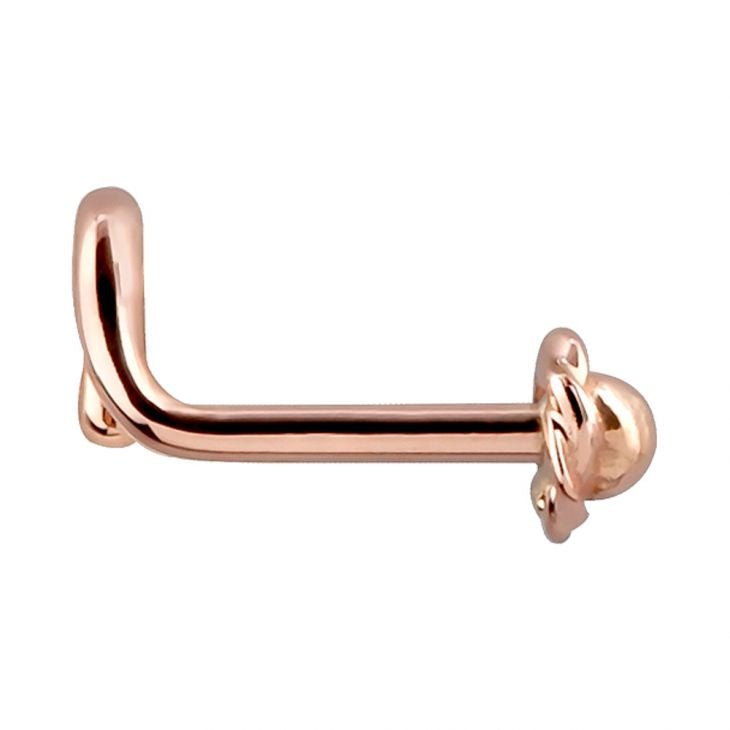 14K rose gold rose bud nose bone, side profile showing straight post length and flower charm