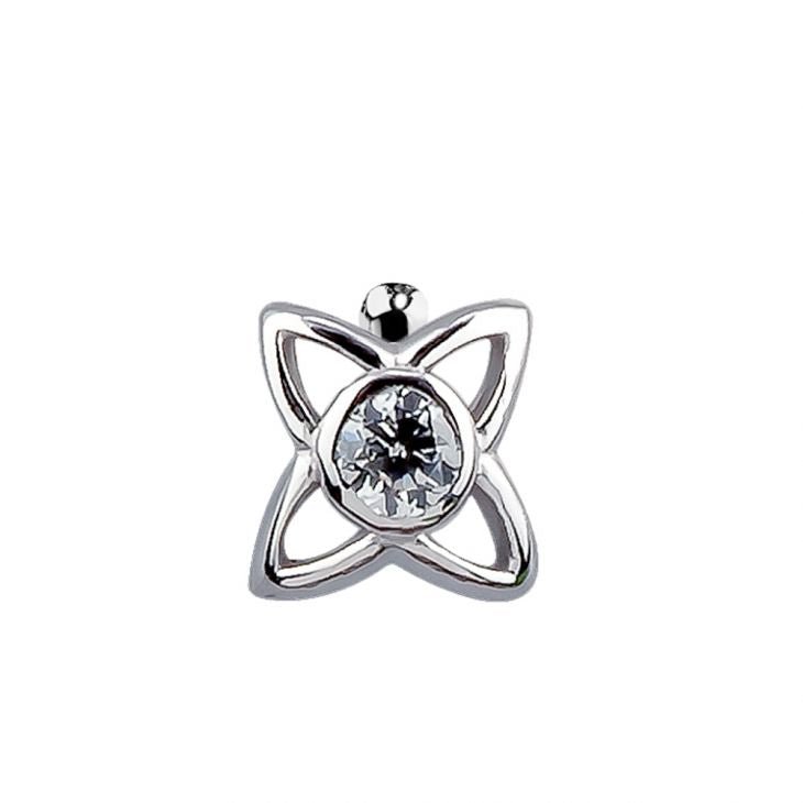 14K white gold open petal star nose stud with bezel-set CZ, front view showing filigree detail