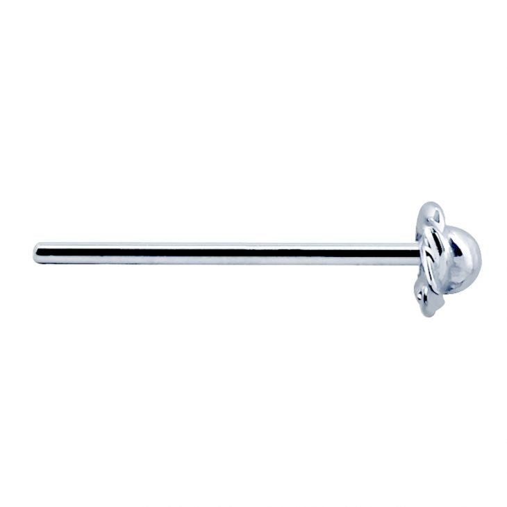 14K white gold rose bud nose stud straight post pin, horizontal side profile showing full post length