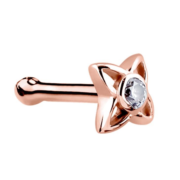 14K rose gold star CZ nose bone stud with ball-end post, angled view showing petal setting