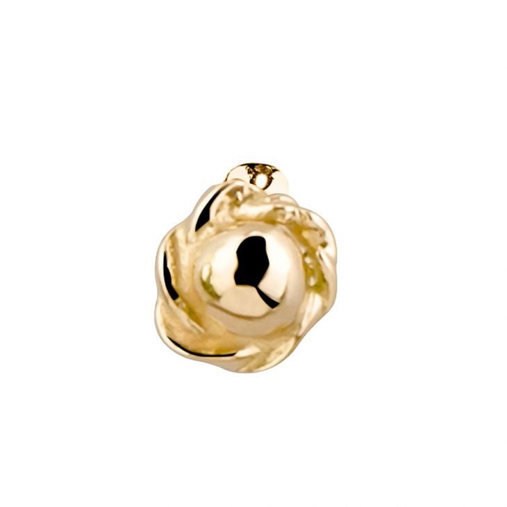Close-up of 14K yellow gold rose bud nose stud charm showing detailed petal texture and domed center