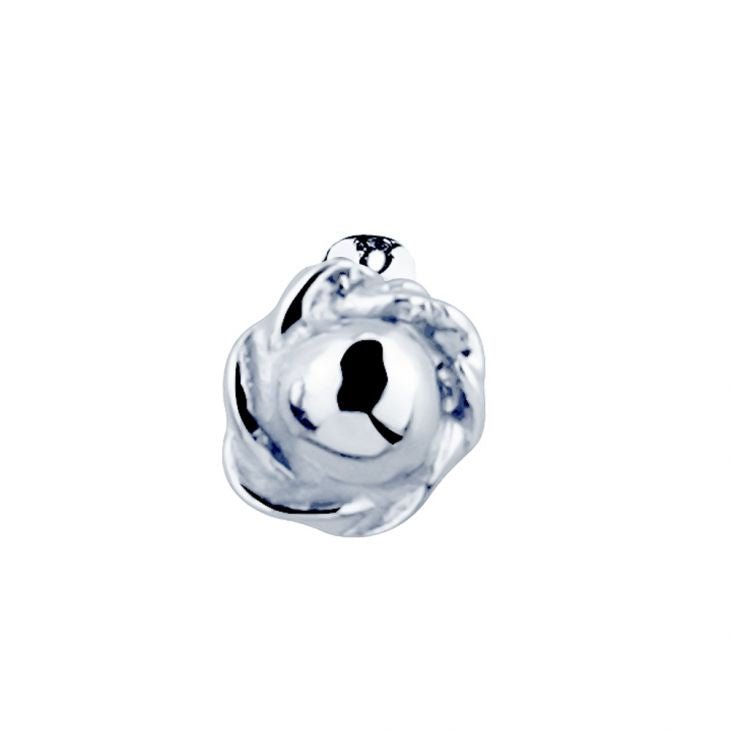 Close-up of 14K white gold rose bud nose stud charm showing detailed petal texture and domed center
