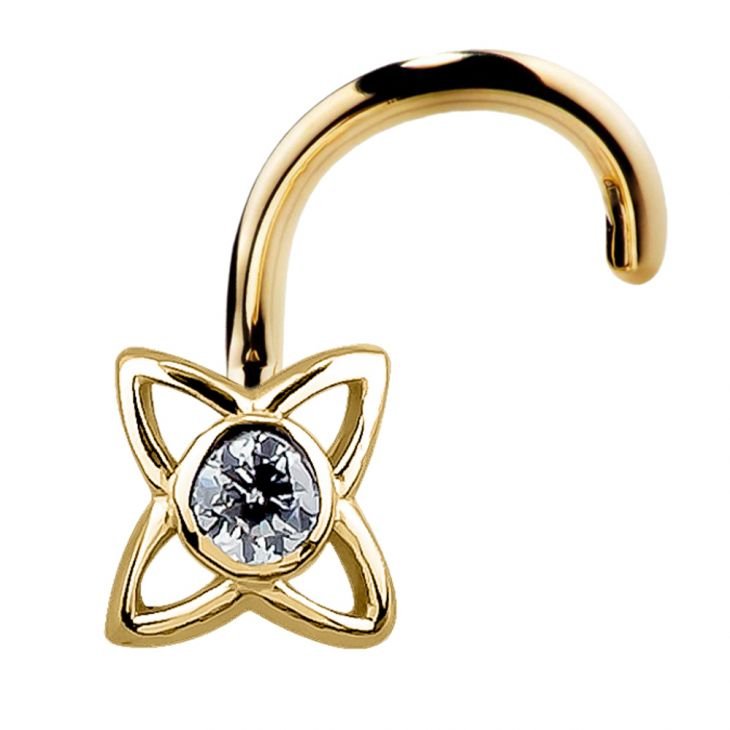 14K yellow gold open petal star CZ nose screw, front-facing view showing full twist post curl