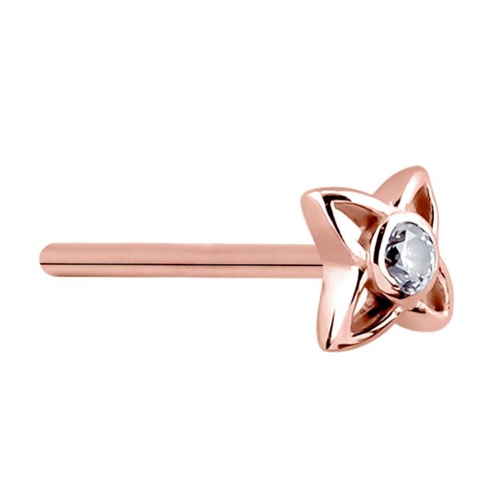 14K rose gold star CZ nose stud on straight pin post, angled view showing solid petal top