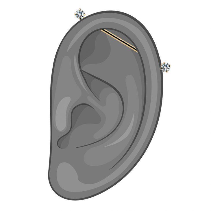 Illustrated ear diagram showing 14k gold industrial barbell placement spanning the cartilage piercing