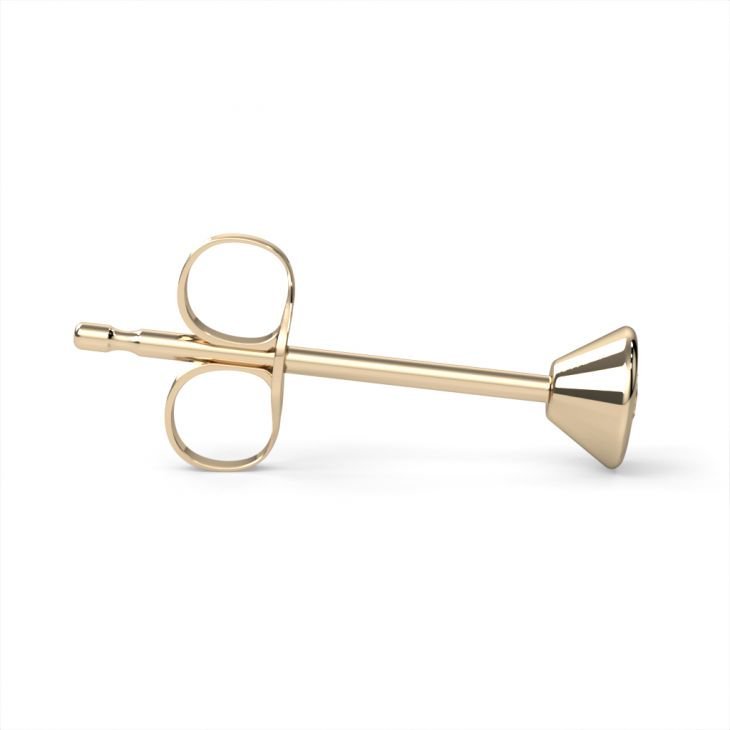 Side profile of 14K yellow gold bezel stud earring showing low-profile cone setting and post length