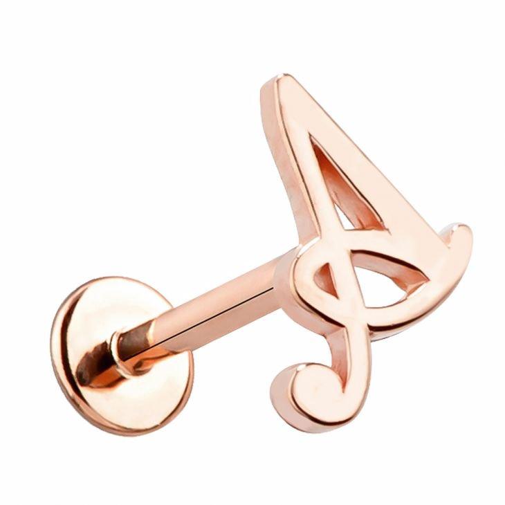 14K rose gold letter A flat back cartilage stud showing warm blush tone and threadless post