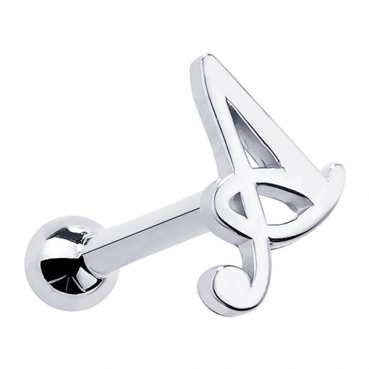 14K white gold script initial A cartilage stud earring with polished ball backing, front angle view