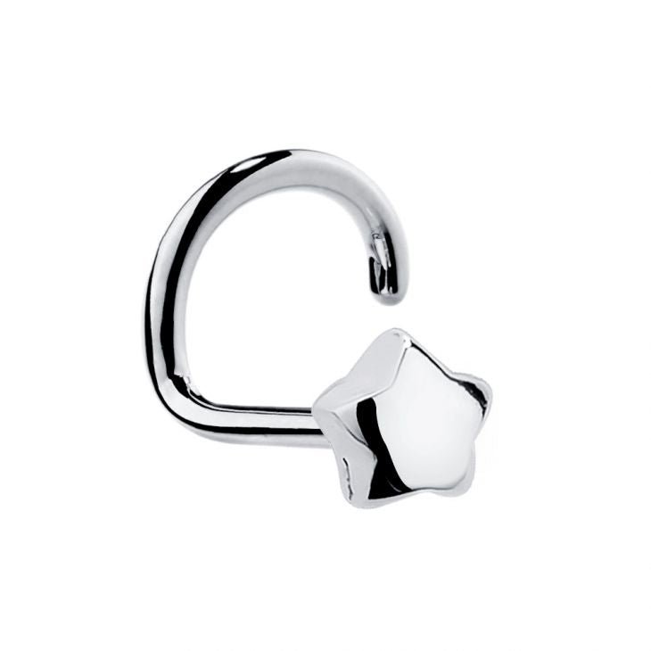 14K white gold puffy star nose ring twist style, front view showing polished star end and curved post