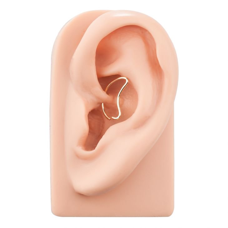 14K yellow gold moon seam ring worn in rook piercing on silicone ear model for fit reference