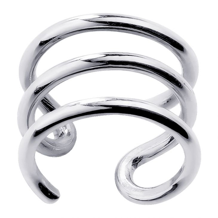 Three-band 14k white gold ear cuff with high-polish spiral design, front view