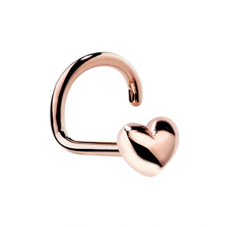 14k rose gold puffy heart nose ring twist style, front view showing warm pink-gold polished finish