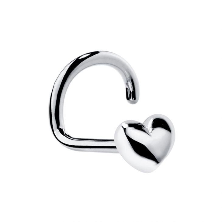 14k white gold puffy heart nose ring twist style, front view with high-polish silver-toned finish