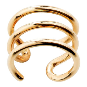 Three-band 14k yellow gold ear cuff with polished spiral wrap design, white background