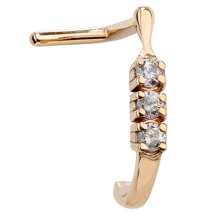 14K yellow gold trinity diamond faux hoop nose ring with 3 prong-set diamonds, L-shape post, front view