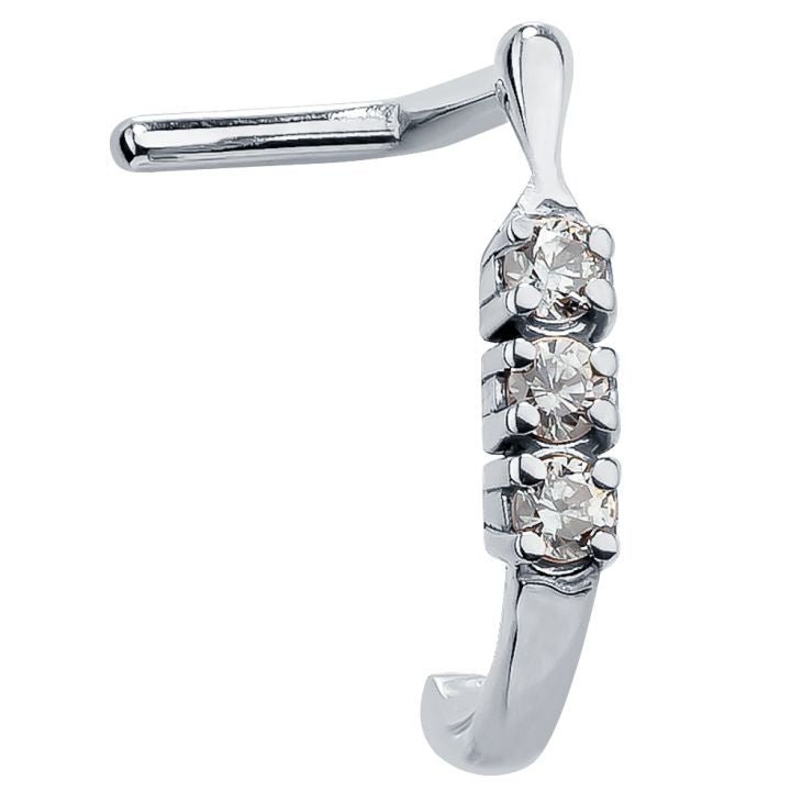 14K white gold trinity diamond faux hoop nose ring with 3 prong-set diamonds, L-shape post, front view