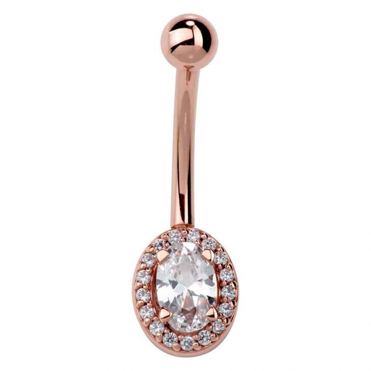 Oval Halo Cubic Zirconia 14K Gold Belly Ring-14K Rose Gold