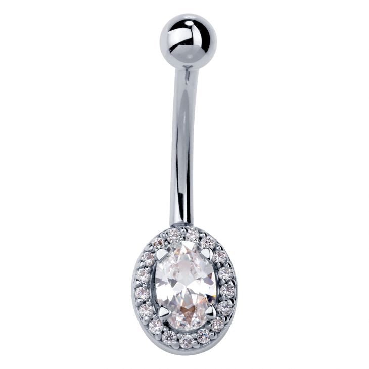 Oval Halo Cubic Zirconia 14K Gold Belly Ring-14K White Gold