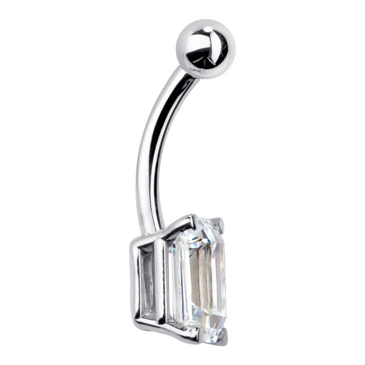 Side profile of 14k white gold belly ring showing curved barbell and emerald-cut CZ depth