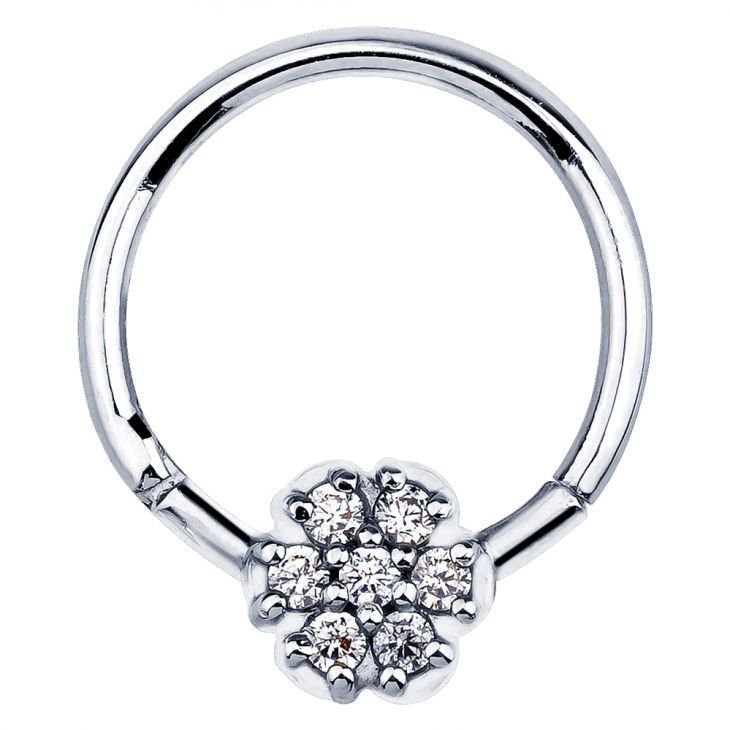 14K white gold hinged clicker ring with 7-diamond pavé flower setting, front view on white