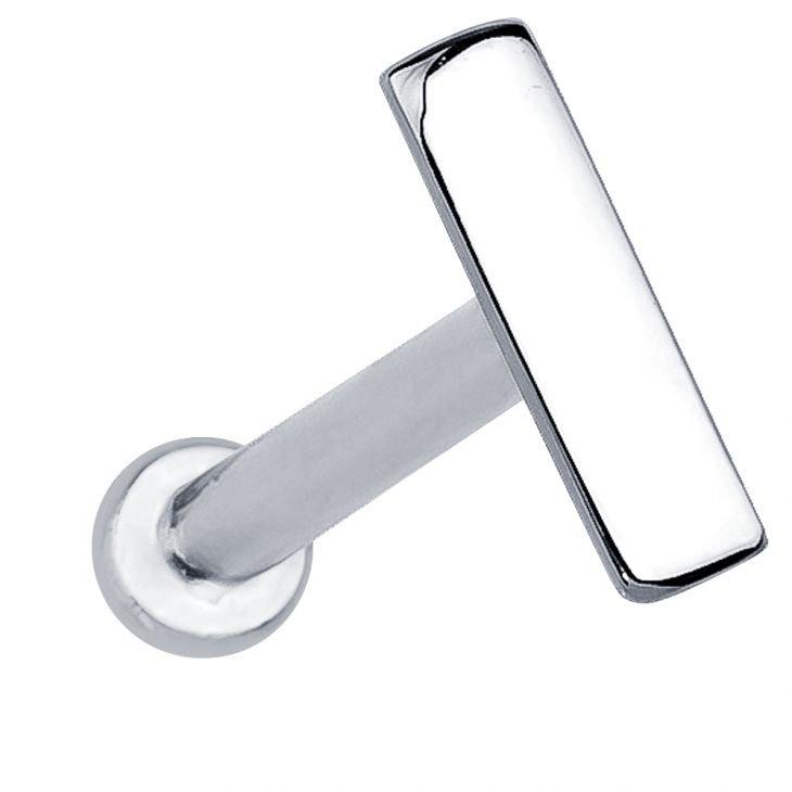 14K white gold 7mm bar stud cartilage earring with flat-back disc, angled product view