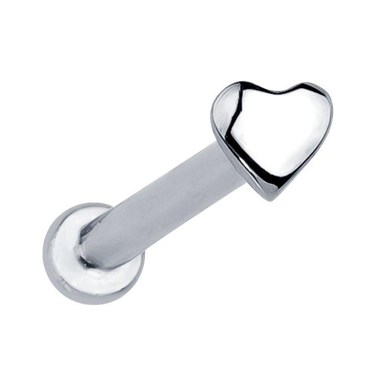 14k white gold 2mm heart flat back labret stud angled view showing polished heart charm and disc base