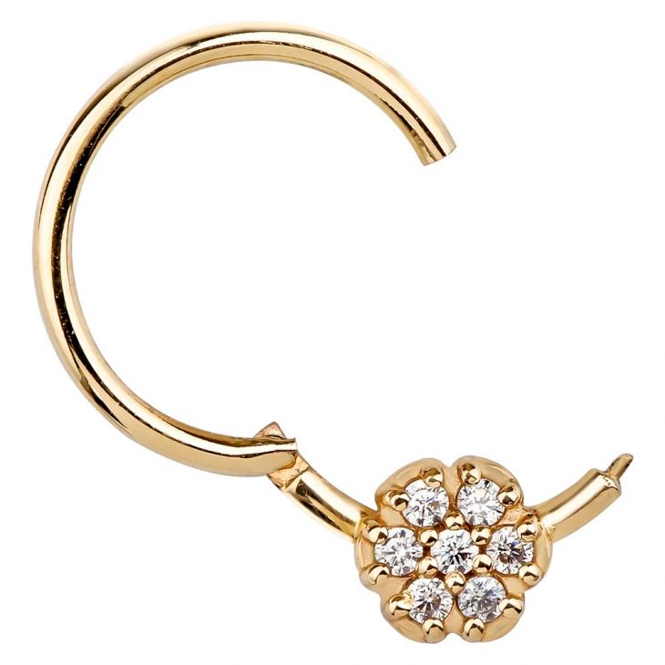 14K yellow gold diamond pavé flower clicker ring shown open, revealing hinged segment closure