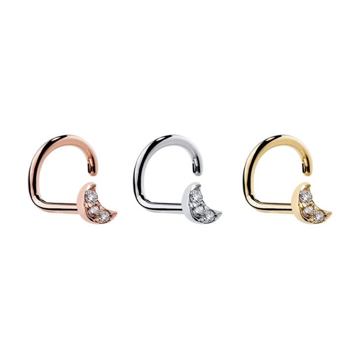 Diamond pave crescent moon nose ring in all three metals: 14K rose gold, white gold, and yellow gold