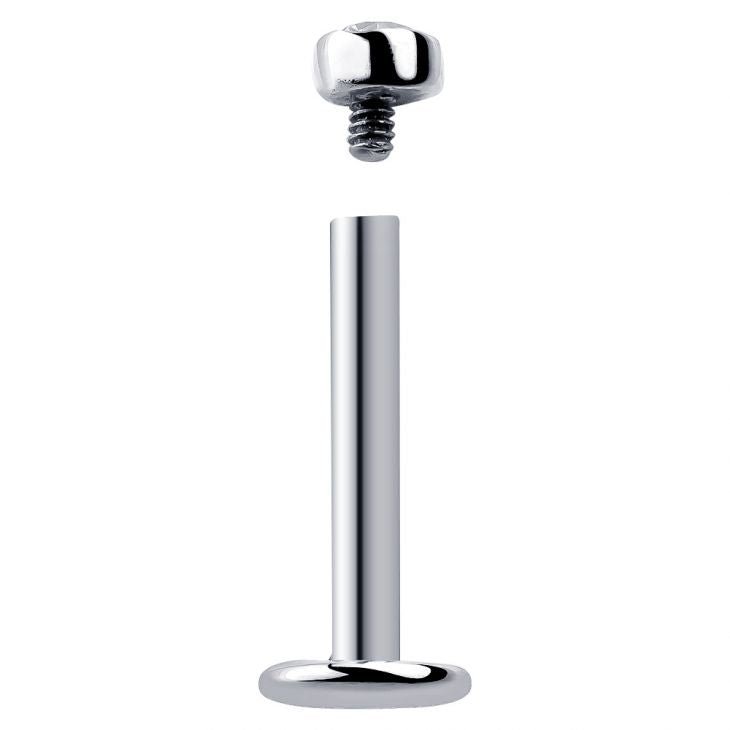 14k white gold flat back labret post with threaded top separated to show screw-in attachment mechanism