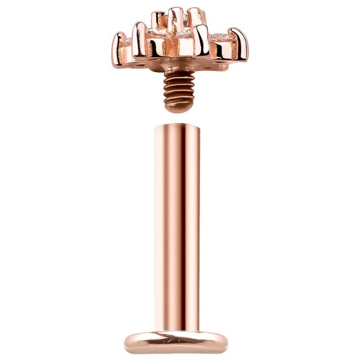14k rose gold diamond flower labret disassembled, showing internally threaded flower top separated from post